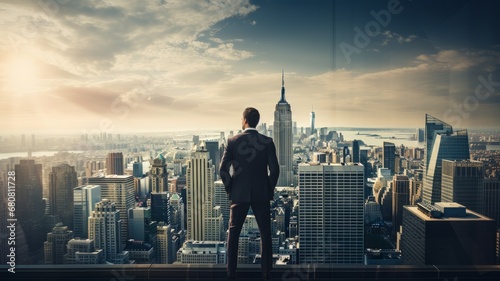 Businesspeople standing and looking out the high office windows in front of the modern city background. photo