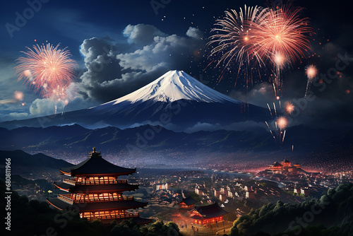 Generative AI Image of New Year Eve Celebration with Fuji Mountain View in Japan