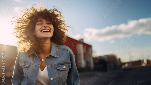 Happy and beautiful young caucasion woman wearing denim jacket enjoys sunny summer day smiling with flying hair, sunshine, blue skies, white clouds, low angle shot, copy space, 16:9 photo