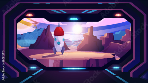 Alien planet landscape with mountains and shuttle, futuristic view from a spaceship, fantastic game scenery with rocket