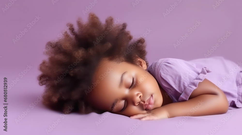 Cute afrikan's baby girl lying on floor sleeping with closed eyes in light purple color background generative ai Cute afrikan's baby girl lying on floor sleeping with closed eyes in light purple color background generative ai