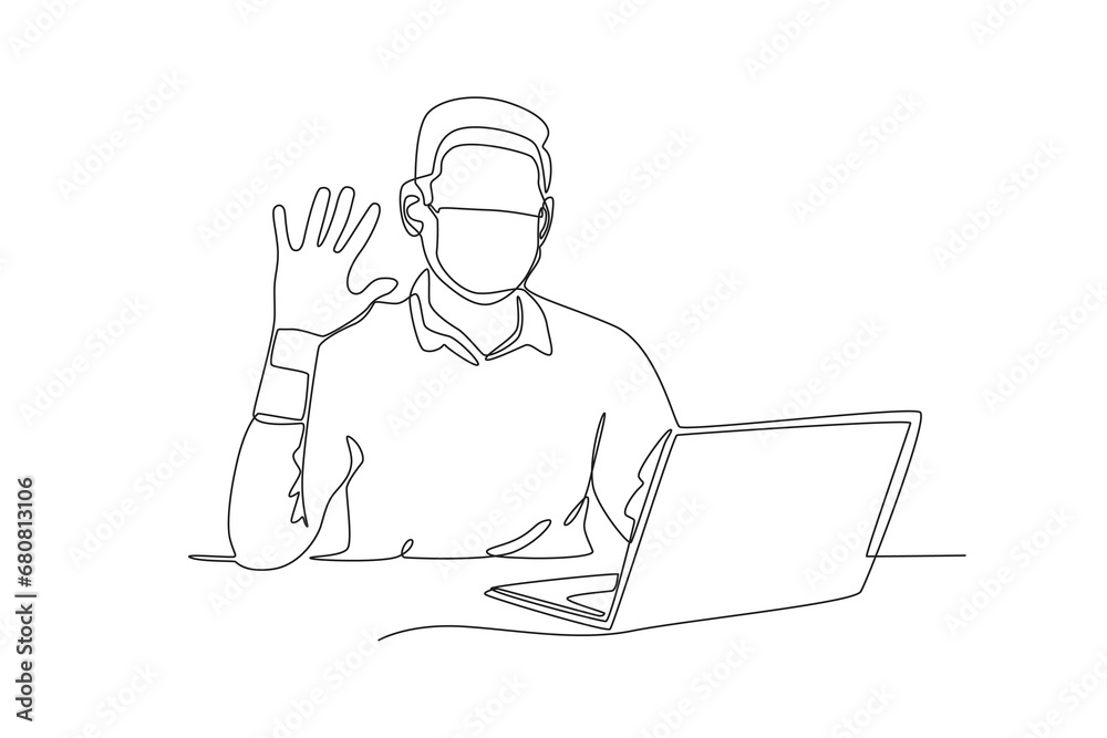 One single line drawing a male office worker wearing a mask saying hello. Medical health care service excellence concept continuous line draw design vector illustration
