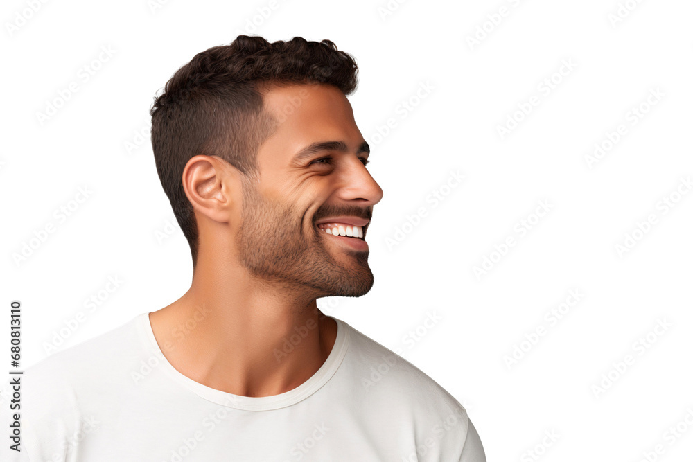 Portrait of a handsome Latino man with a happy smile, looking to the left sideways, isolated on transparent background Portrait of a handsome Latino man with a happy smile, looking to the left sideways, isolated on transparent background