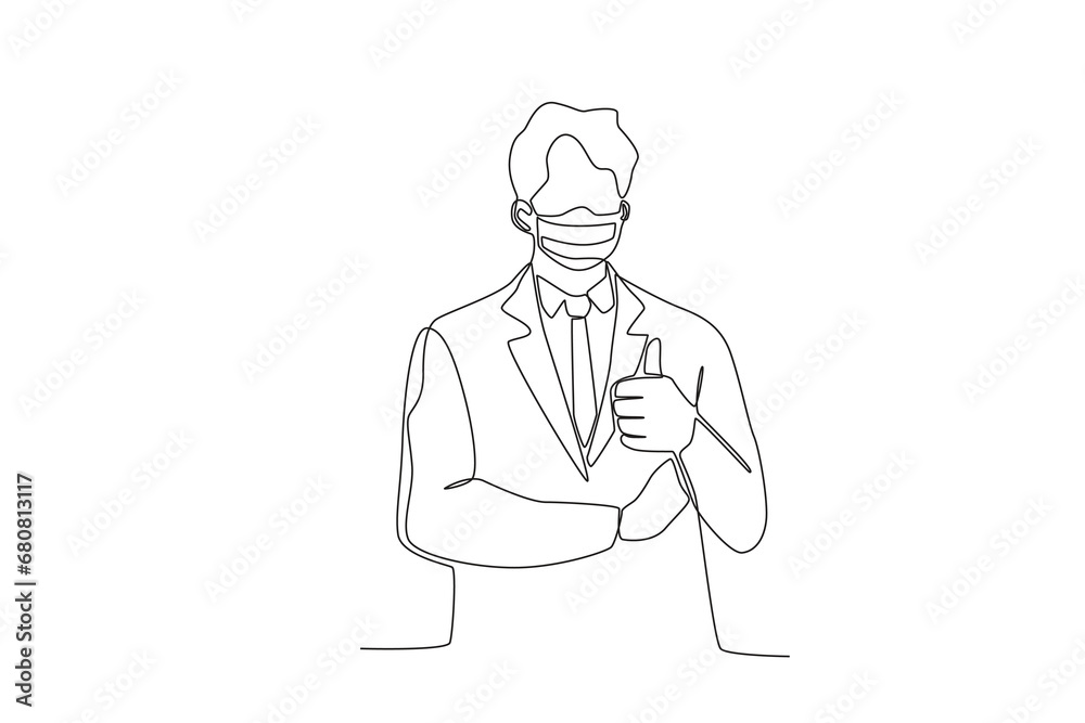 One single line drawing a male office worker wearing mask giving thumbs up sign. Medical health care service excellence concept continuous line draw design vector illustration
