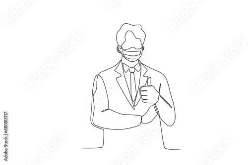 One single line drawing a male office worker wearing mask giving thumbs up sign. Medical health care service excellence concept continuous line draw design vector illustration

