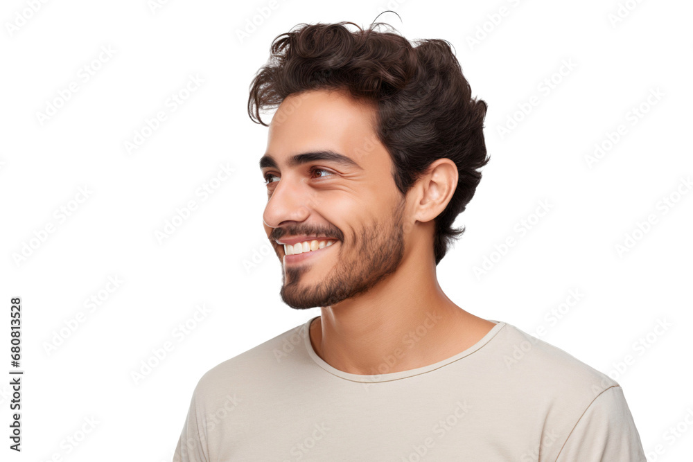 Close-up portrait of a handsome man with a happy smile, looking to the right sideways, isolated on white background Close-up portrait of a handsome man with a happy smile, looking to the right sideways, isolated on white background