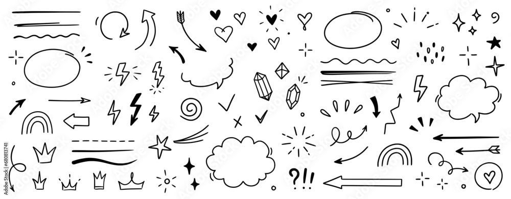 Sketch line arrow element, star, heart shape. Hand drawn doodle sketch style circle, cloud speech bubble grunge element set. Arrow, star, heart brush decoration. Vector illustration. - obrazy, fototapety, plakaty 