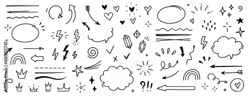 Sketch line arrow element, star, heart shape. Hand drawn doodle sketch style circle, cloud speech bubble grunge element set. Arrow, star, heart brush decoration. Vector illustration.