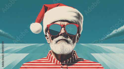 Bearded man wearing Santa hat and sunglasses - pop art style - lose-up - quirky and eccentric yet charming - blue skies 