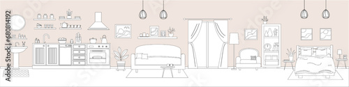Interior banner in line art style. Living room, bedroom, kitchen with furniture. Sofa, armchair, table, balcony, rack, home plants, table, decoration. Flat style.