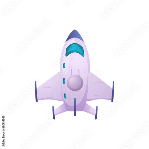 Cartoon game spaceship, airplane, white space shuttle vector illustration, reactive jet airliner, air transportation toy