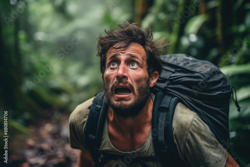 Portrait of scared man lost in rainforest photo
