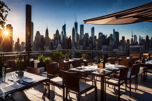 Dine on a Restaurant Terrace with Tables and Chairs, Gazing at the Urban Skylines