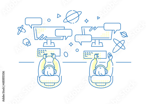 イラスト素材: 在宅勤務・eラーニング・オンラインゲームを楽しむ女子