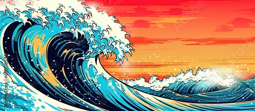 Illustration of big ocean wave or panorama of big tsunami, used for Japanese vintage style painting, photo