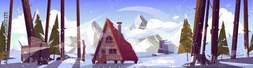 Cartoon winter snowy landscape with wooden cabin on tilts in forest near mountains. Vector natural seasonal scenery with cozy house or hotel covered with snow for camping and country vacation.