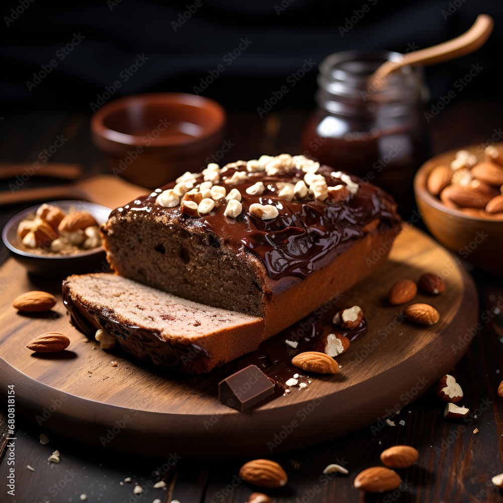 Board of bread with chocolate paste and hazelnuts on wooden background Board of bread with chocolate paste and hazelnuts on wooden background