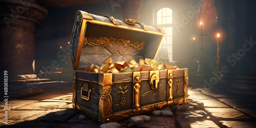 Riches and Gold Coins in Opened Treasure Chest,, Abundant Gold Coins in Open Treasure Chest Generative Ai