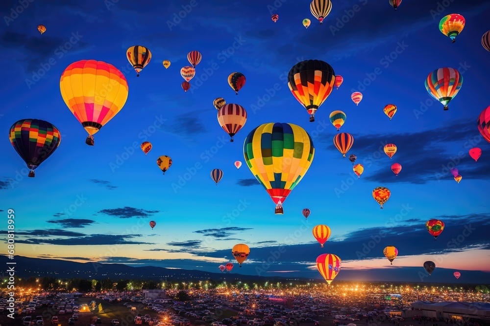 Naklejka premium Hot Air Balloon Fiesta: Colorful hot air balloons taking off into the night sky.