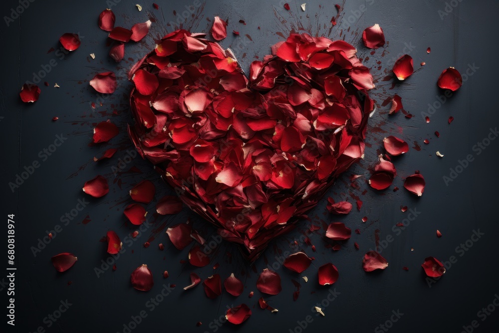 Valentine Day or March 8 holiday. red heart shaped out of red rose petals Valentine Day or March 8 holiday. red heart shaped out of red rose petals