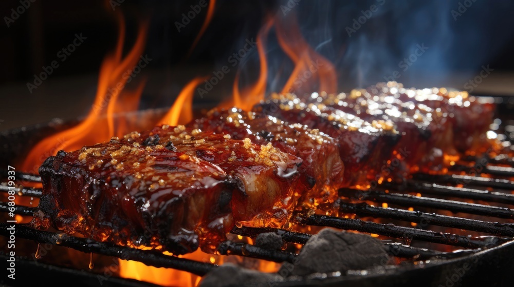 Delicious grilled barbecue pork ribs with golden crust Delicious grilled barbecue pork ribs with golden crust