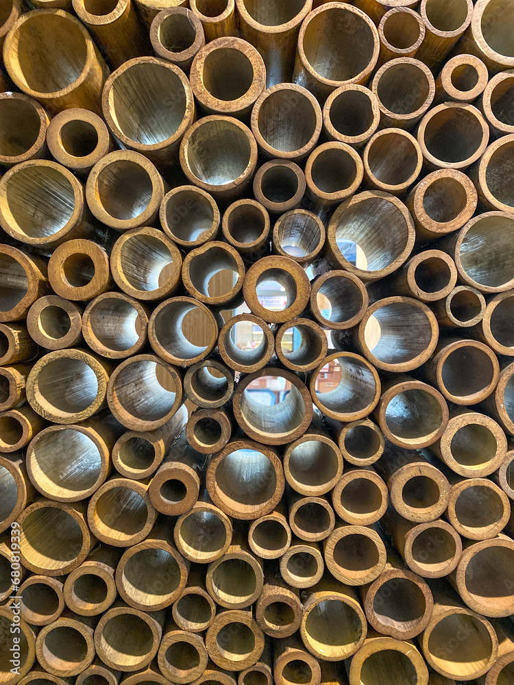 Round bamboo pieces are used as room dividers Round bamboo pieces are used as room dividers