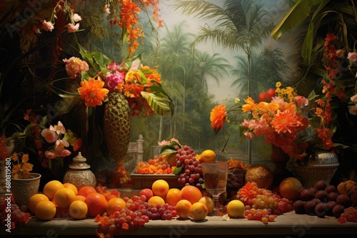 Tropical Paradise: Celebrating in a tropical setting with palm trees and exotic fruits.