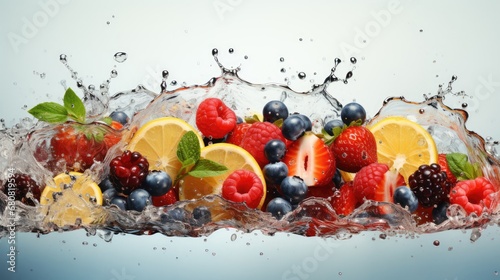 Delicious sweet glowing ripe berries raspberries strawberries blackberries cherry citrus oranges flying in an explosion of water with splashes and drops