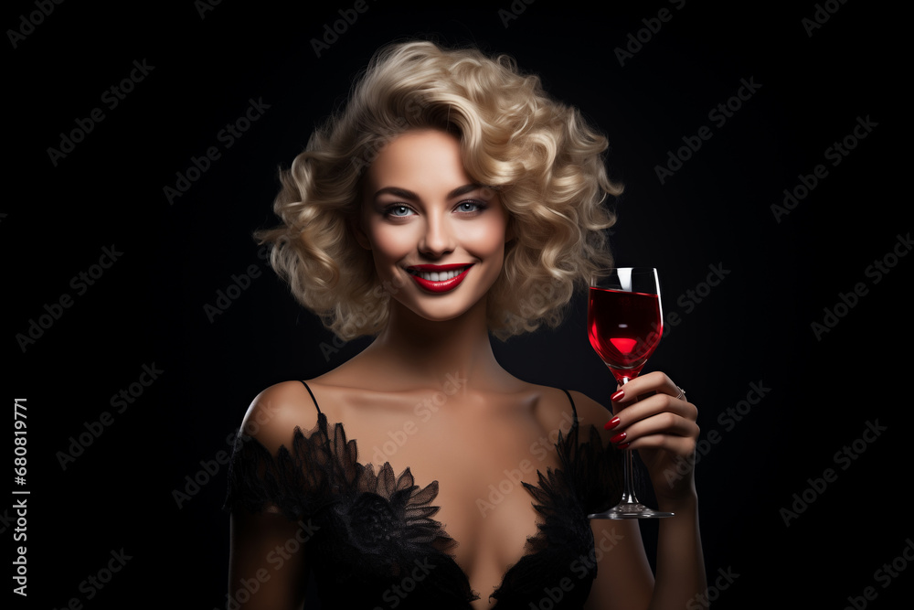 portrait of a happy elegant woman with red lipstick holding a glass of vine portrait of a happy elegant woman with red lipstick holding a glass of vine