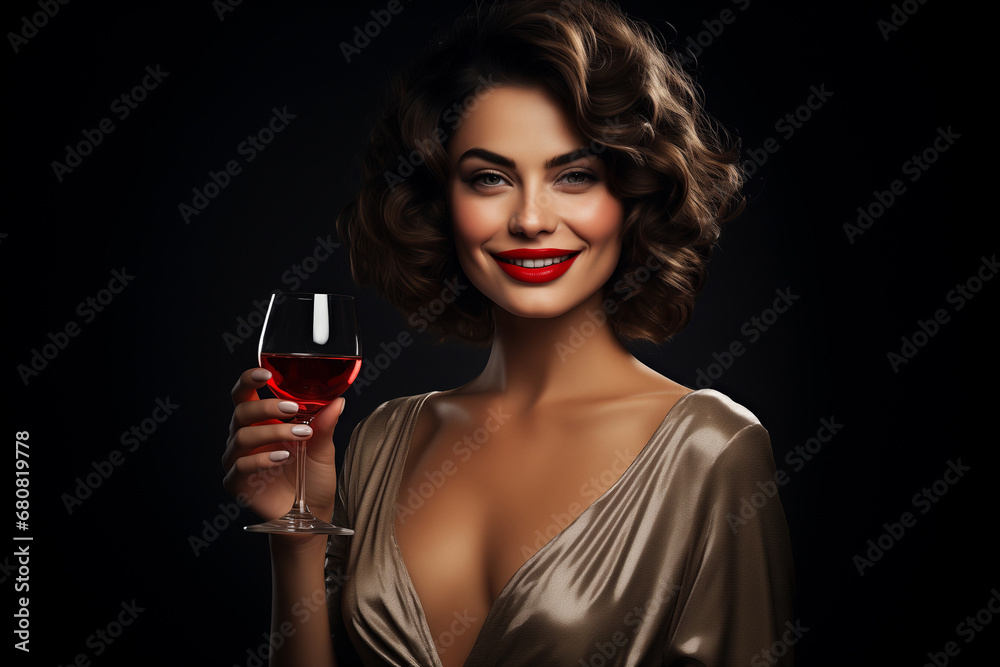 portrait of a happy elegant woman with red lipstick holding a glass of vine portrait of a happy elegant woman with red lipstick holding a glass of vine