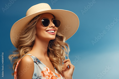 Happy woman in straw hat, sunglasses and sundress on blue background