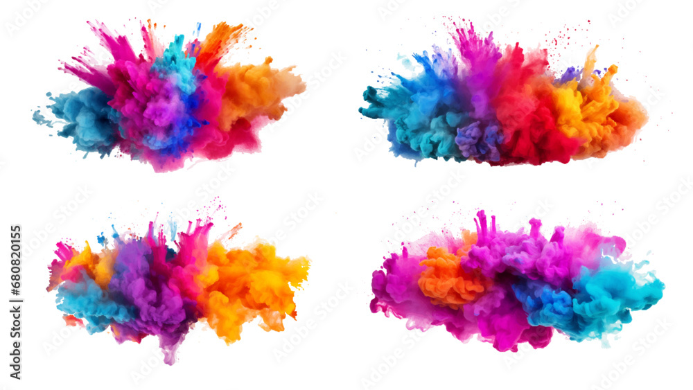 colorful vibrant rainbow Holi paint color powder explosion with bright colors isolated white background. - obrazy, fototapety, plakaty 
