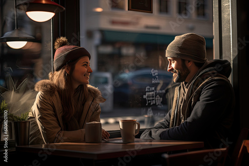 A couple in a warm and cozy coffee shop, cafe, restaurant; talking, chatting, discussing, laughing, enjoying each other's company; friendship, love, bonding,