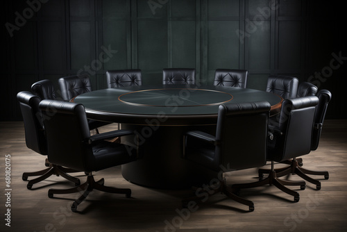 a round conference table, surrounded by 10 ergonomic chairs photo