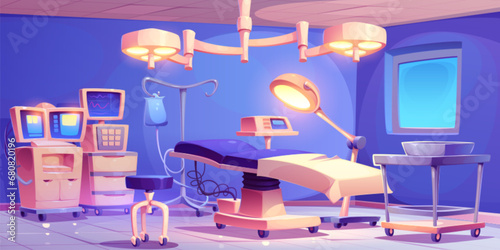 Surgery room interior with equipment. Vector cartoon illustration of operating theater with medical tools and technology, patient bed, dripper, lamp, surgeon stool, life support system monitor, drawer