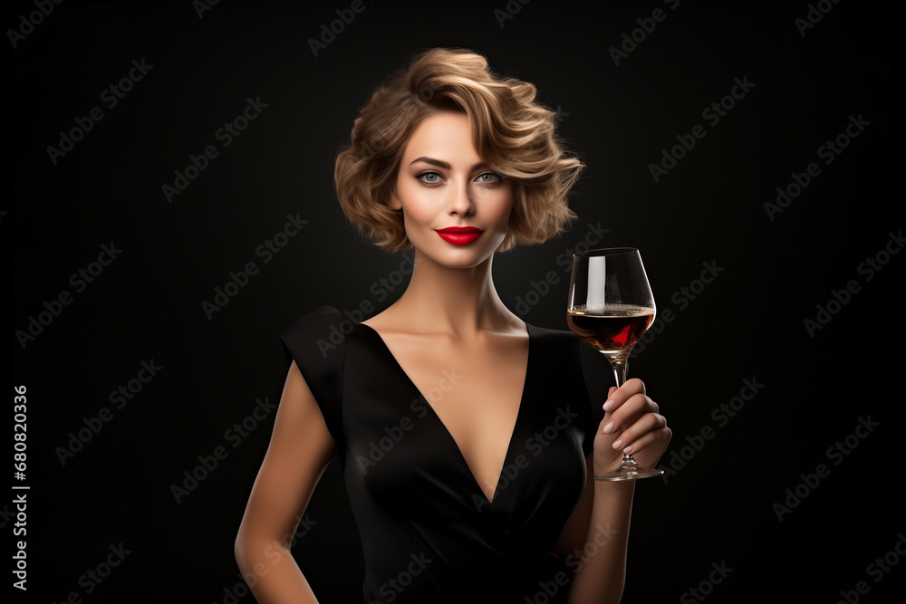 portrait of a happy elegant woman with red lipstick holding a glass of vine portrait of a happy elegant woman with red lipstick holding a glass of vine
