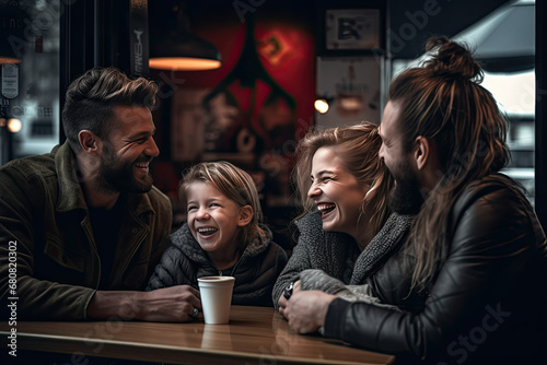 A family in a warm and cozy coffee shop  cafe  restaurant  talking  chatting  discussing  laughing  enjoying each other s company  friendship  love  bonding 