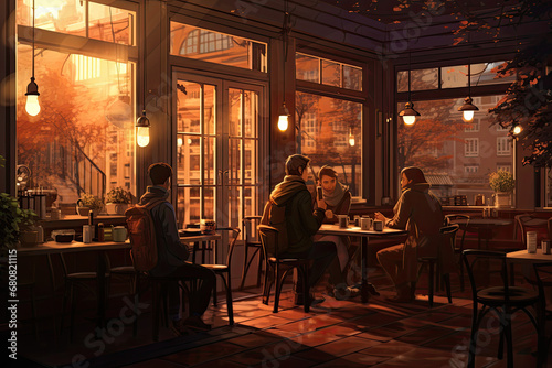 A group of friends in a warm and cozy coffee shop  cafe  restaurant  talking  chatting  discussing  laughing  enjoying each other s company  friendship  love  bonding 