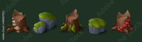 Stump of felled tree and rocks with moss, grass and mushrooms. Cartoon game vector illustration assets set of forest and swamp elements for gui design. Cut trunk and stones with lichen and toadstool.