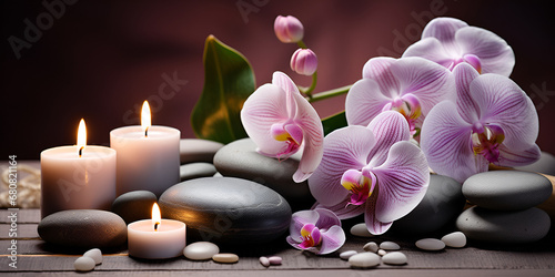 A spa with a flower arrangement on top of rocks and candles,, Relaxation Haven Wooden Spa Still Life with Orchids Generative Ai