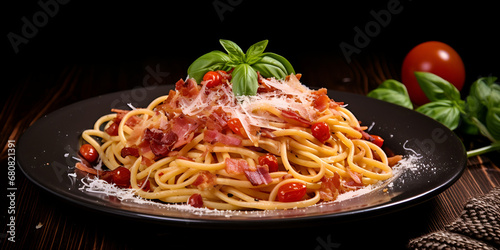 A bowl of pasta with strawberries and strawberries on it,, Mouthwatering Delicacy Perfectly Crafted Pasta with Parmesan and Bolognese Generative Ai