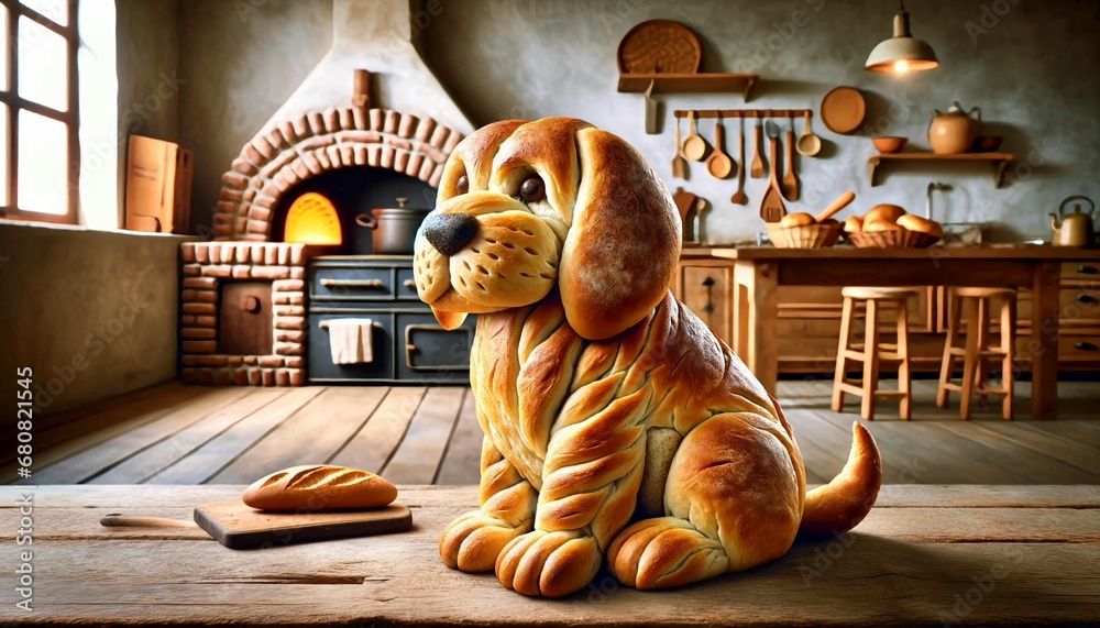 Figura de Perro con pan, pan, perro  - obrazy, fototapety, plakaty 
