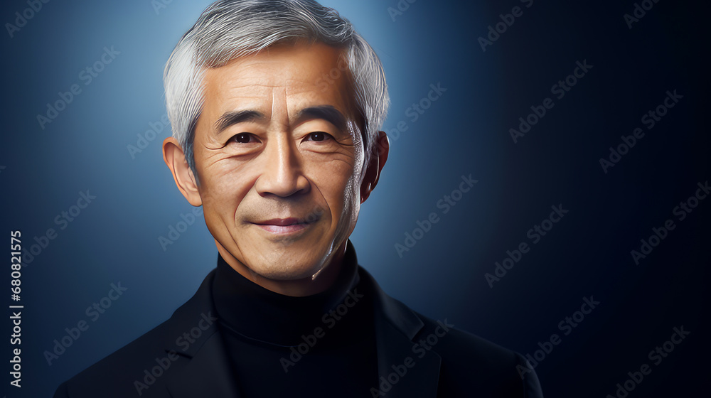 Elegant smiling elderly Asian man with gray hair, on a dark blue background, banner, copy space, portrait. Elegant smiling elderly Asian man with gray hair, on a dark blue background, banner, copy space, portrait.