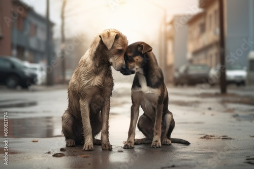 A couple of dogs abandoned in the middle of a street giving each other affection
