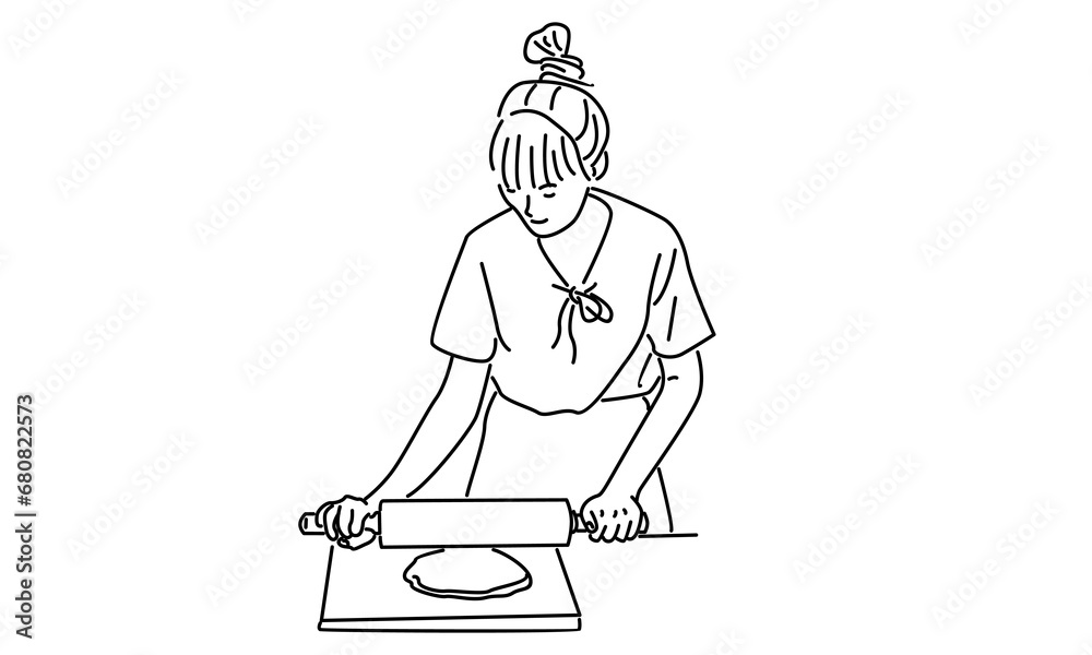 line art of woman rolling dough with rolling pin