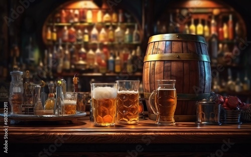 various types of alcoholic drinks and beer on the bar in a tavern. generative ai photo