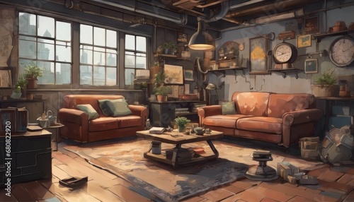 Vintage Industrial Steampunk Living Room Interior Illustration with Cinematic Atmosphere