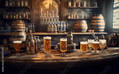 various types of alcoholic drinks and beer on the bar in a tavern. generative ai