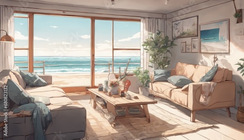 Modern Cozy Anime Living Room with Beautiful Beach View Illustration © Nouzen