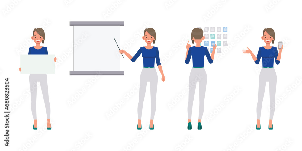 Set of working woman wear blue shirt color character vector design. Presentation in various action. Businesswoman working in office planning, thinking and economic analysis on isolated white backgroun